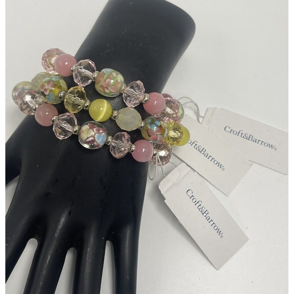 Croft & Barrow Pink & Yellow Pastel Glass Beaded 3 Piece Bracelet Set New